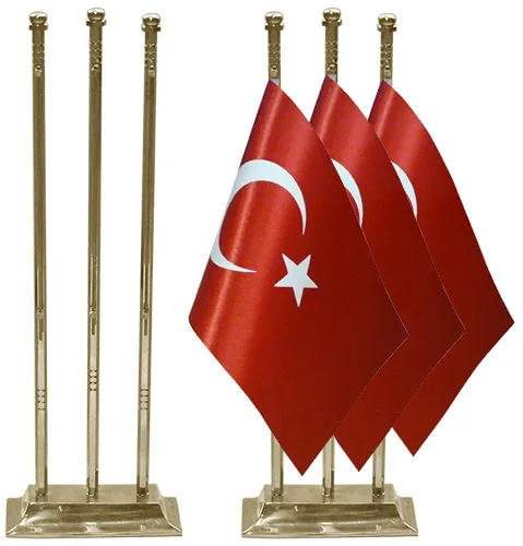 Altıgen Köşeli Üçlü Pirinç Masa Bayrak Direği