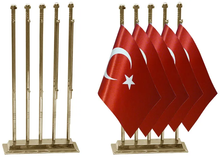 Altıgen Köşeli Beşli Pirinç Masa Bayrak Direği