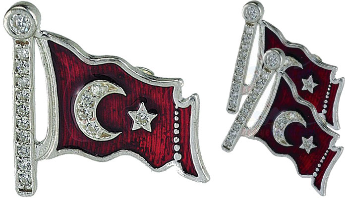 TBR7 Zirkon Taşlı Ay Yıldız Türk Bayrağı Rozeti - Gümüş 925 Ayar